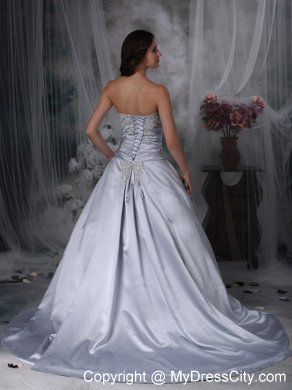 Silver Ruche and Beading Sweetheart Court Train Bridal Gown