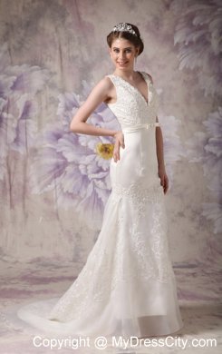 V-neck Bowknot Lace Flowers Court Train Bridal Gowns with Back Out