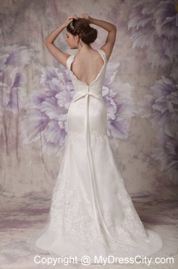 V-neck Bowknot Lace Flowers Court Train Bridal Gowns with Back Out