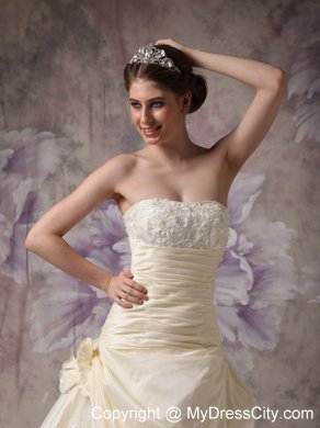 Light Yellow Ruched Hand Made Flowers Brush Train Wedding Gown