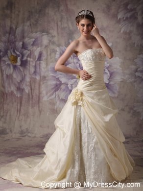 Light Yellow Ruched Hand Made Flowers Brush Train Wedding Gown