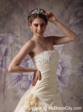 Light Yellow Ruched Hand Made Flowers Brush Train Wedding Gown