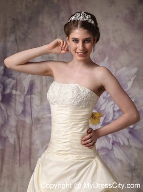 Light Yellow Ruched Hand Made Flowers Brush Train Wedding Gown