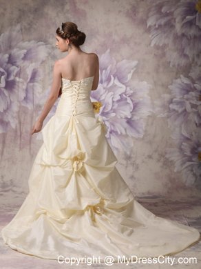 Light Yellow Ruched Hand Made Flowers Brush Train Wedding Gown