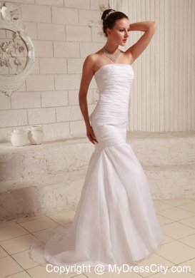 Simple Ruching Strapless Brush Train Bridal Dresses in White