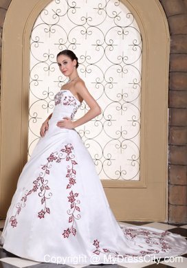 Red Embroidery On Satin Puffy Court Train Bridal Dresses