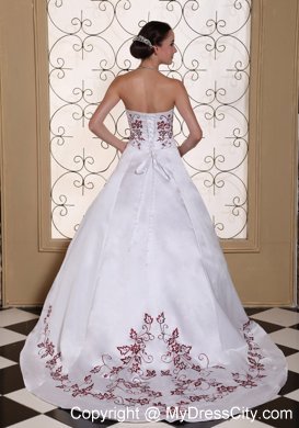 Red Embroidery On Satin Puffy Court Train Bridal Dresses