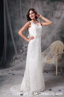 Chic Column V-neck Brush Train Lace Belt Bridal Dress