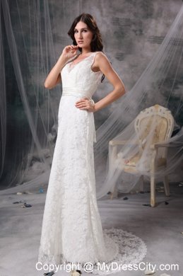 Chic Column V-neck Brush Train Lace Belt Bridal Dress