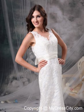 Chic Column V-neck Brush Train Lace Belt Bridal Dress