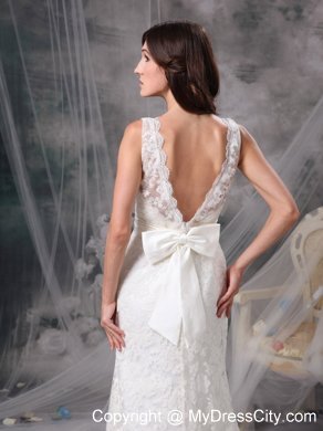 Chic Column V-neck Brush Train Lace Belt Bridal Dress