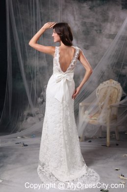 Chic Column V-neck Brush Train Lace Belt Bridal Dress