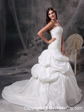 Beading Pick-ups Lace Flowers Wedding Gowns with Court Train