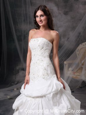 Beading Pick-ups Lace Flowers Wedding Gowns with Court Train