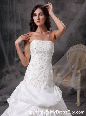 Beading Pick-ups Lace Flowers Wedding Gowns with Court Train