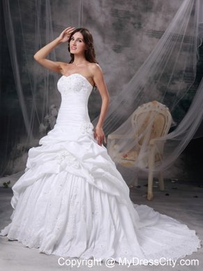 Pick-ups and Hand Made Flowers Court Train Wedding Gown