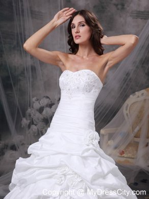 Pick-ups and Hand Made Flowers Court Train Wedding Gown