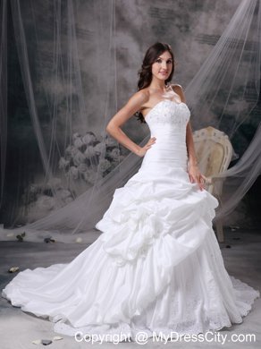 Pick-ups and Hand Made Flowers Court Train Wedding Gown