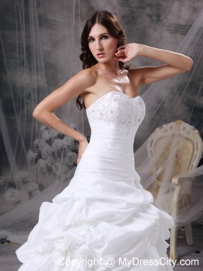 Pick-ups and Hand Made Flowers Court Train Wedding Gown