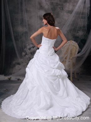 Pick-ups and Hand Made Flowers Court Train Wedding Gown