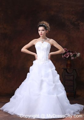 Puffy Strapless Bridal Gown With Appliques and Court Train