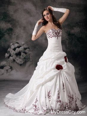 Handle Flowers Brush Train Wedding Dress with Wine Red Embroidery