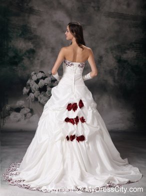 Handle Flowers Brush Train Wedding Dress with Wine Red Embroidery