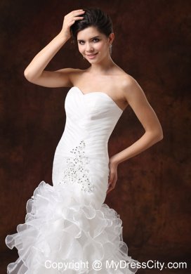 Mermaid Ruching Ruffled Layers Brush Train Wedding Dress With Beading