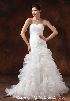 Mermaid Ruching Ruffled Layers Brush Train Wedding Dress With Beading