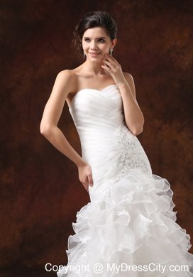 Mermaid Ruching Ruffled Layers Brush Train Wedding Dress With Beading