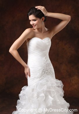 Mermaid Ruching Ruffled Layers Brush Train Wedding Dress With Beading