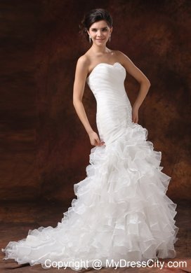 Mermaid Ruching Ruffled Layers Brush Train Wedding Dress With Beading