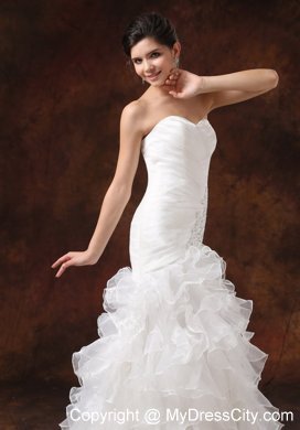 Mermaid Ruching Ruffled Layers Brush Train Wedding Dress With Beading