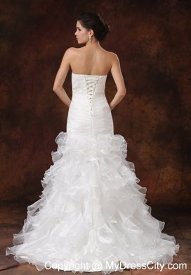 Mermaid Ruching Ruffled Layers Brush Train Wedding Dress With Beading