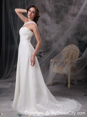 Asymmetrical neck Ruching Sash Wedding Dress with Court Train