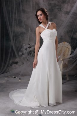 Asymmetrical neck Ruching Sash Wedding Dress with Court Train