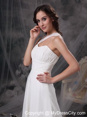 Asymmetrical neck Ruching Sash Wedding Dress with Court Train