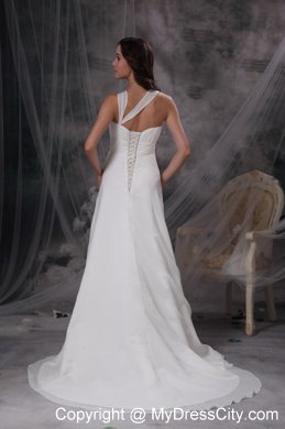 Asymmetrical neck Ruching Sash Wedding Dress with Court Train