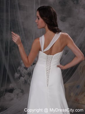 Asymmetrical neck Ruching Sash Wedding Dress with Court Train