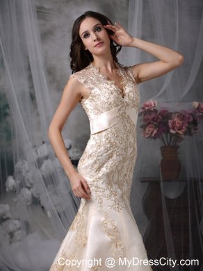 Champagne V-neck Peekaboo Keyhole Wedding Dress Mermaid Style