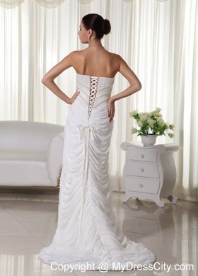 Two-toned Peals Decorated Wedding Dress with High-slit Draped Skirt