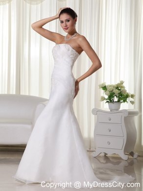 Appliques Embellished Organza Ruches Wedding Gown in Mermaid Style