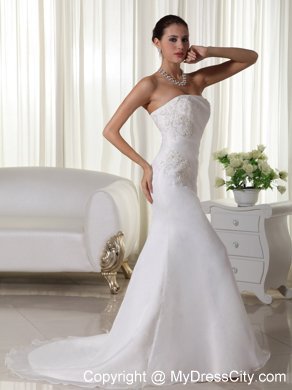 Appliques Embellished Organza Ruches Wedding Gown in Mermaid Style