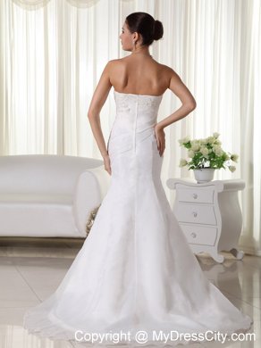 Appliques Embellished Organza Ruches Wedding Gown in Mermaid Style