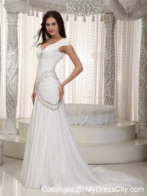 Sexy Cap Sleeves V-neck Rhinestone Chiffon Mermaid Wedding Dress