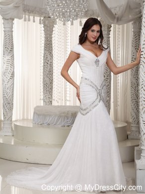 Sexy Cap Sleeves V-neck Rhinestone Chiffon Mermaid Wedding Dress