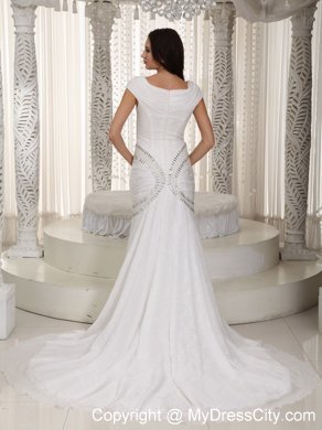 Sexy Cap Sleeves V-neck Rhinestone Chiffon Mermaid Wedding Dress