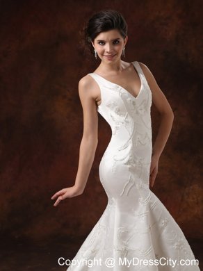 Gorgeous V-neck Embroidery Court Train Trumpet Wedding Dress