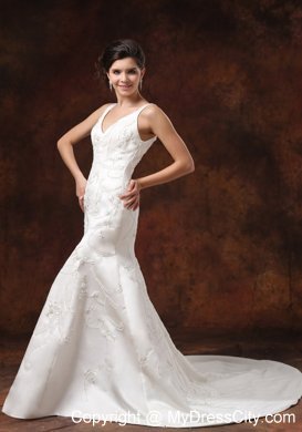 Gorgeous V-neck Embroidery Court Train Trumpet Wedding Dress