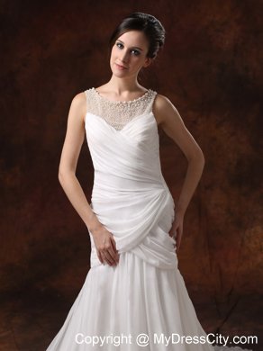 Pearl Decorate Scoop Neckline Ruched Court Train Wedding Dress